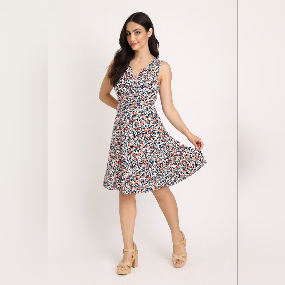 Tommy Hilfiger Size 12 Navy Pink White Floral Fit & Flare V-Neck Midi Dress